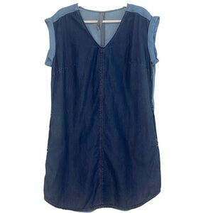 Melissa McCarthy Seven7 Colorblock Chambray Denim Shift Pocket Blue Dress Size S